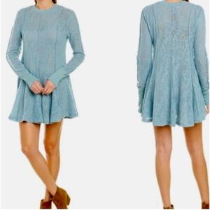 NWT Free People Coffee In The Morning Blue Tunic Top Dress Sweater Lace Large